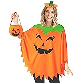 HEYFIZZ 3 PCS Pumpkin Costume for Women,Halloween Pumpkin Poncho for Adults,Halloween Costume for Women with Accessories