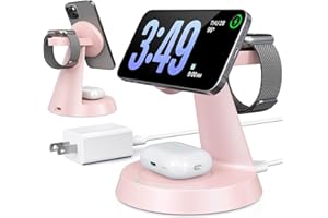 BERXZWE 3 in 1 Wireless Charging Station for Apple Mag-Safe 15W Fast Charger Stand for Multiple Apple Devices Magnetic Charger for iPhone 16/15/14/13/12 Series, AirPods, iWatch Series(Pink)