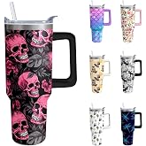 40oz Skeleton Stainless Steel Tumbler with Handle and Straw, Gothic Pink Insulated Cup, Halloween Travel Coffee Mug Water Bottle with Lid and Straw, Skull Lovers Women Men Gifts