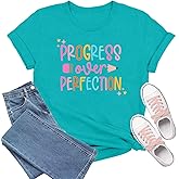 TIEEI Teacher Shirts for Women Teaching T-Shirt Progress Over Perfection Tee Tops
