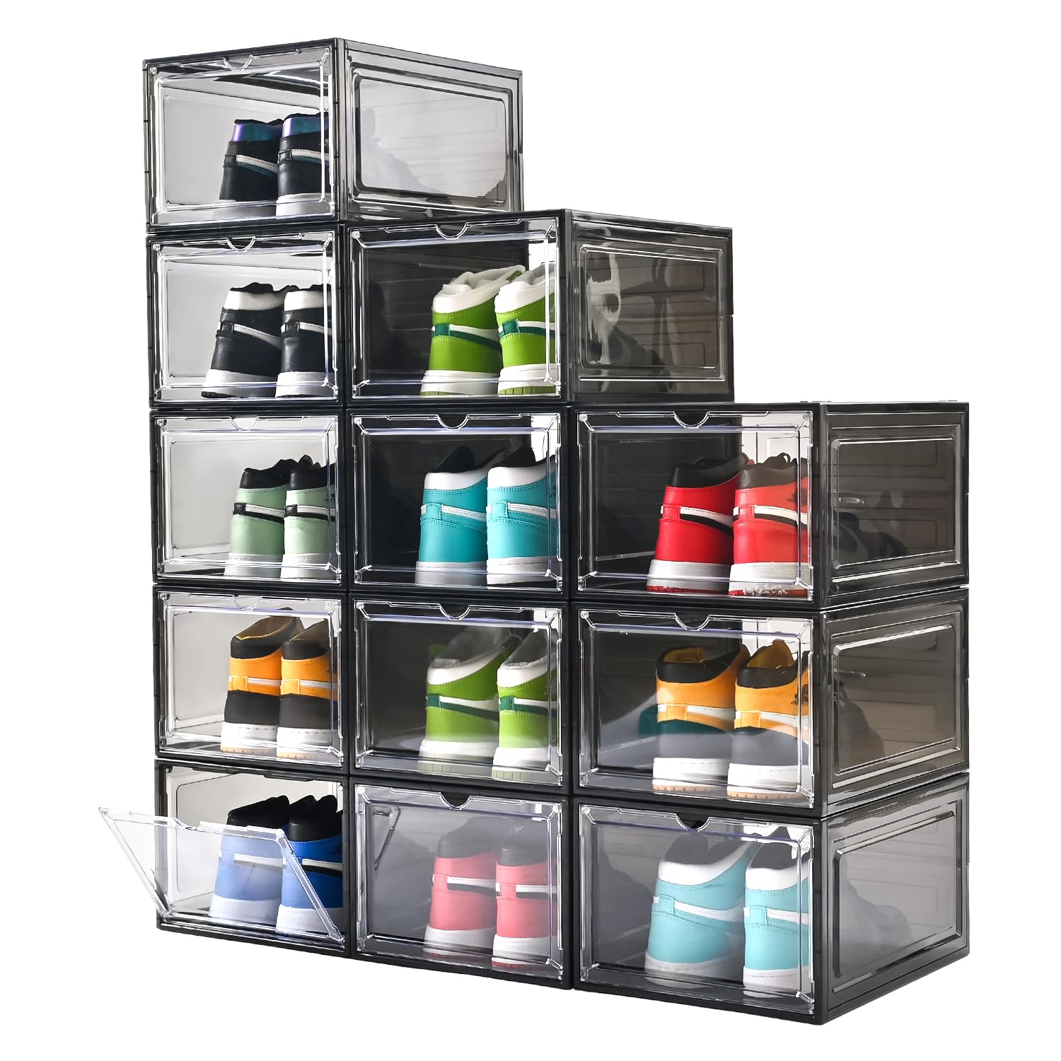 Photo 1 of Large Shoe Boxes Clear Plastic Stackable?Drop Front Shoe Box with Clear Door, Shoe Containers For Sneaker Display,Fit up to US Size12 (black clear, 12 pack)