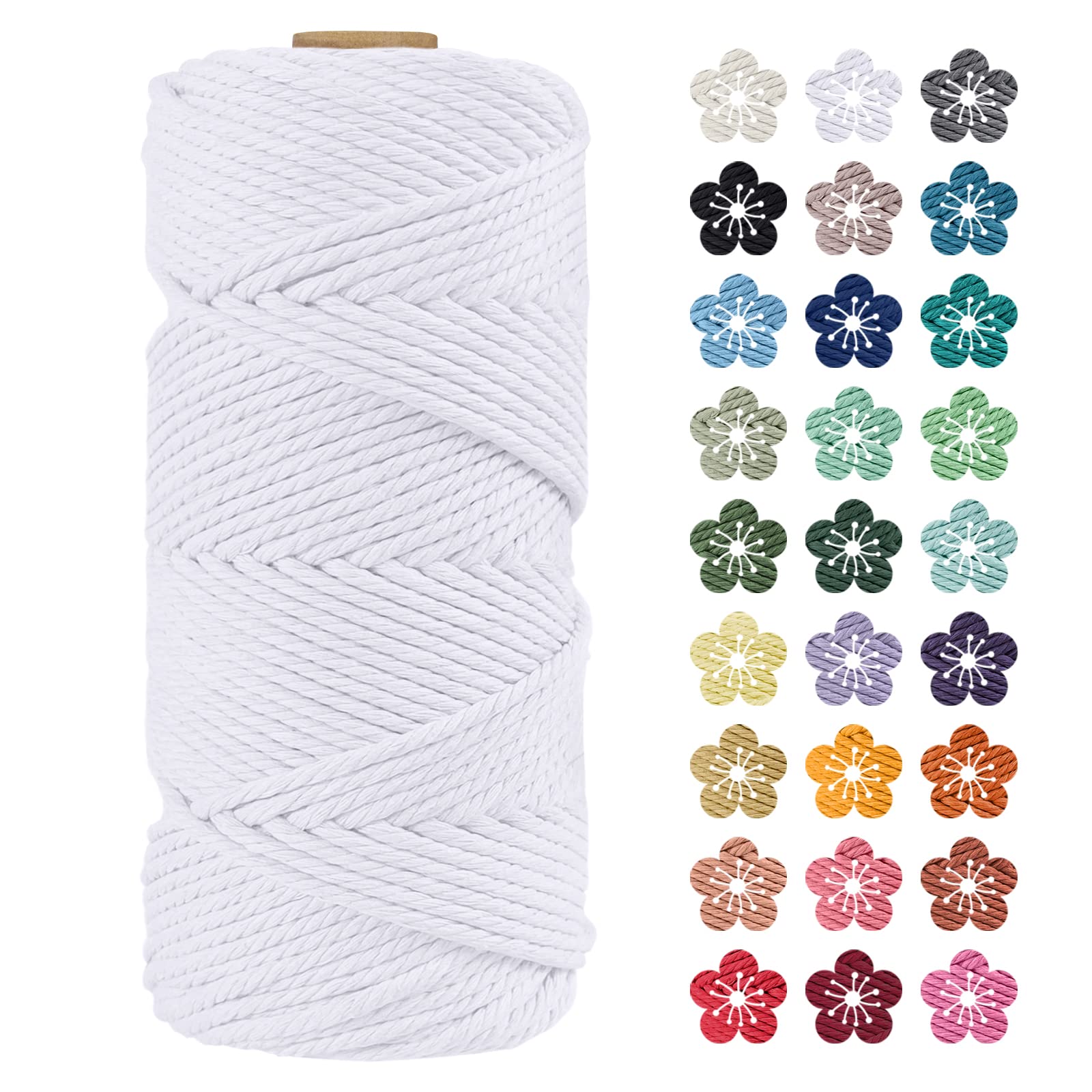 LEREATI Macrame Cord 4mm x 100m, Thick Macrame Rope Natural Cotton Rope Craft String, 4 Strand Twisted Cotton Cord Yarn for DIY Plant Hanger, Wall Hanging, Christmas Decoration (White)