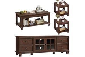 SAVOR LIFE Farmhouse TV Stand and Coffee Table Set 4, Rustic Wood Living Room Table Set with TV Console, Center Table, End Table Set of 2 for Living Room, Walnut