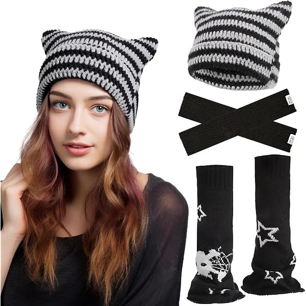 Hicarer 3 Sets Y2k Crochet Beanie Hats and Striped Arm  display picture 3