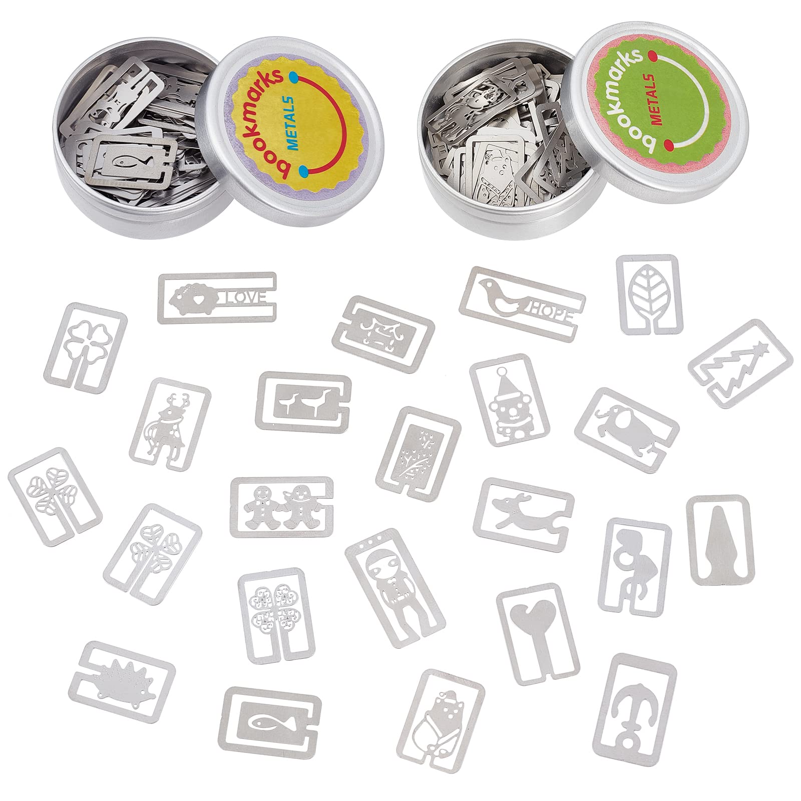 CRASPIRE 2 Boxes Book Darts Thin Stainless Steel Mini Bookmarks 100 Pieces Metal Bookmarks Mixed Shapes for Reading, Page Mark, Students