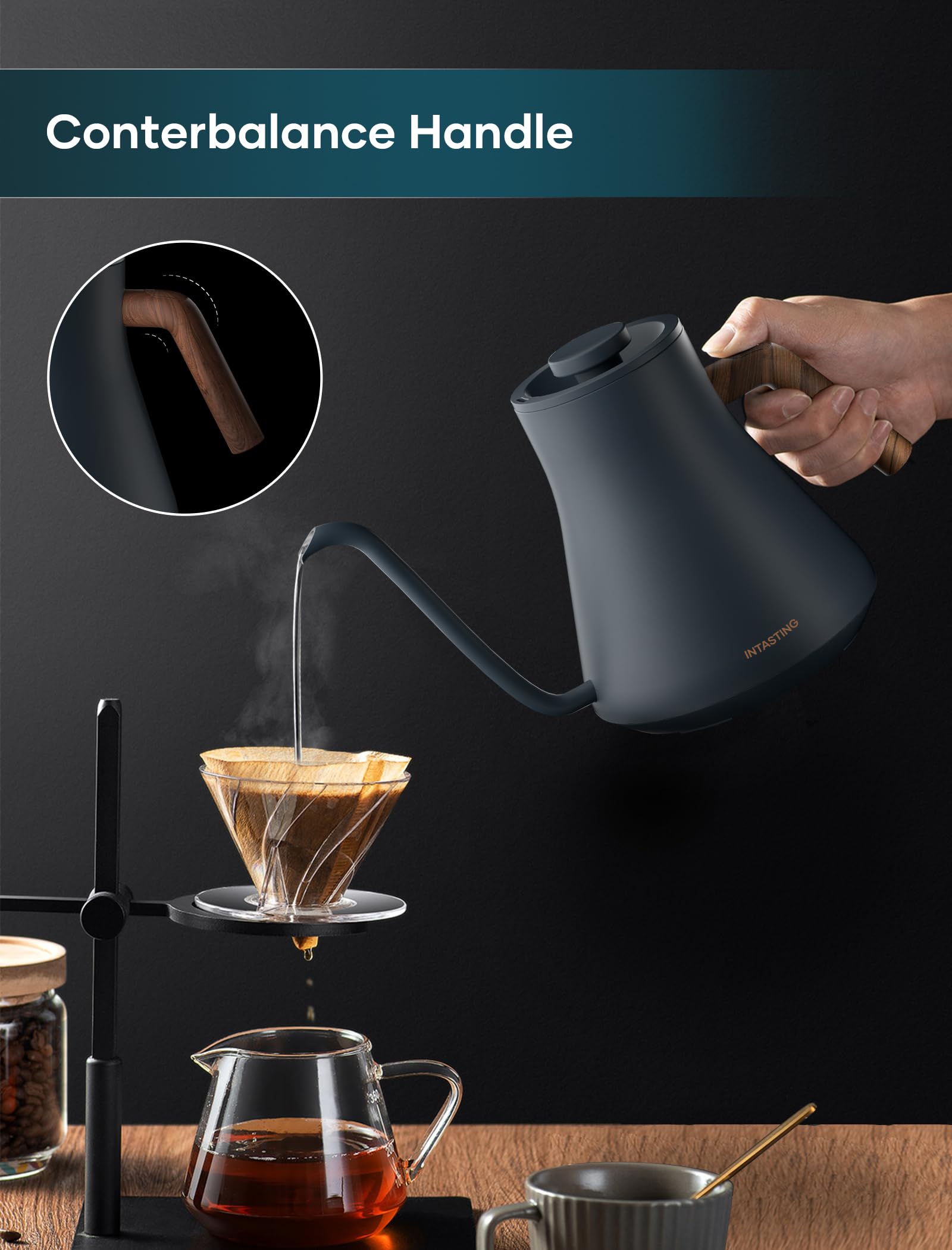 INTASTING Hervidores eléctricos, hervidor eléctrico de cuello de cisne, control de temperatura ±1 ℉, interior de acero inoxidable, calentamiento rápido, para verter sobre café, preparar té, hervir agua caliente, 0,9 L azul marino