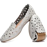 HEAWISH Women's Floral Ballet Flats for Women Black Beige Slip On Flowers PU Leather Round Toe Dress Shoes
