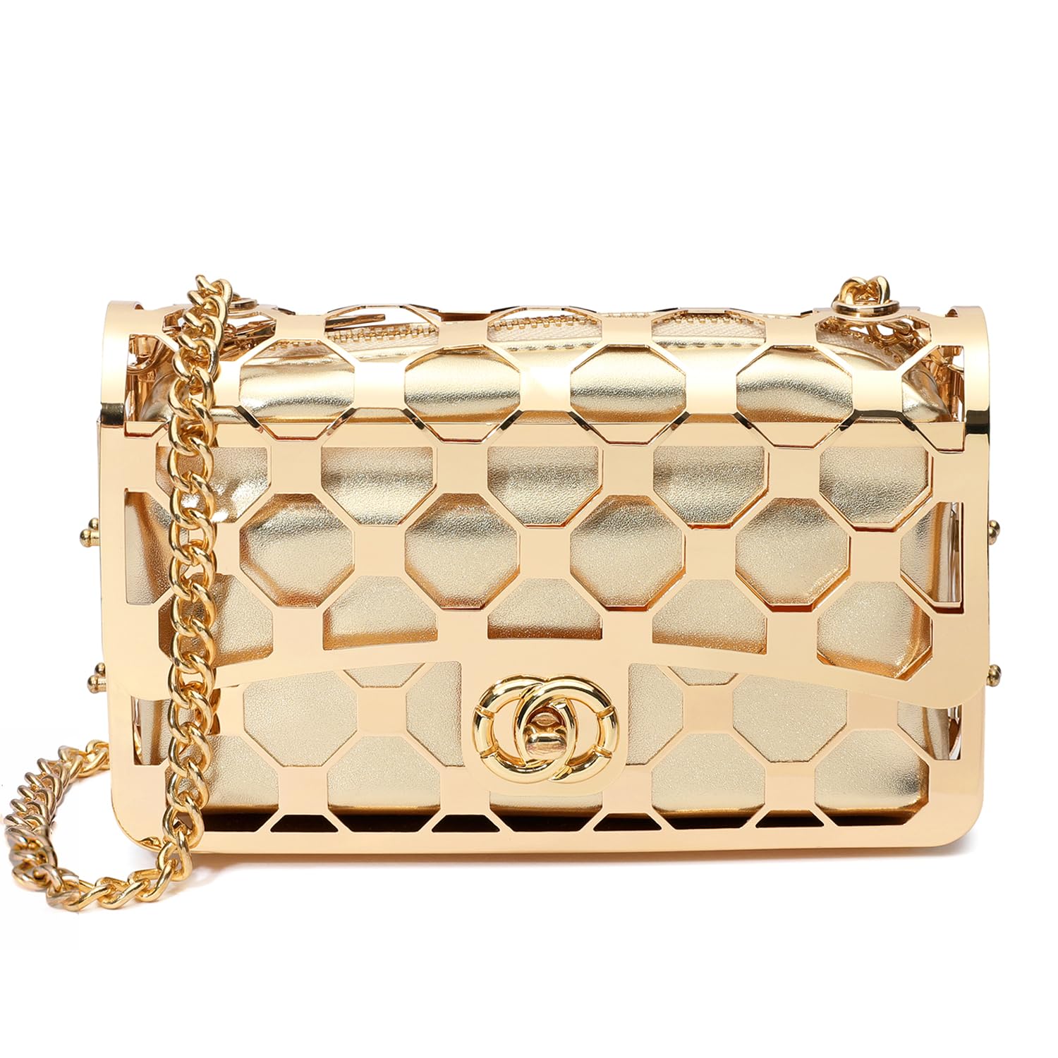 Photo 1 of CARIEDO Women Evening Bag Elegant Clutch Purse Exquisite Flap Metal Hollow out with Removable Vegan Leather Pouch for Prom Wedding Party