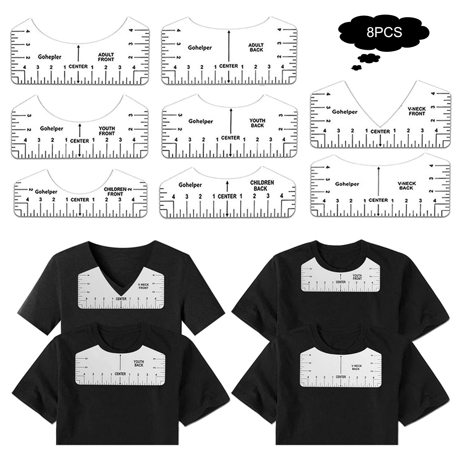 BULULUSHOP T-Shirt Alignment Ruler, 8 Pieces PVC, DIY Fashion T-shirt Design, Easy to Use, Four Sizes, Widely Used