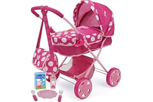 Peppa Pig: Baby Classic Doll Pram Set - Pink & White Dots - 7 Piece Set, Fits Dolls Up to 18", Retractable Canopy, Storage Basket, Diaper Bag & 5 Feeding Accessories, Pretend Play for Kids Ages 3+
