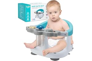 BABEXHELP Baby Bath Seat - 2 Rotating Toys + 1 Pressing Toy - Ergonomic Backrest - Side Opening Design - 4 Powerful Non-Slip Suction Cups - Ideal Gift for Infant 6 12 24 36 Months (White)