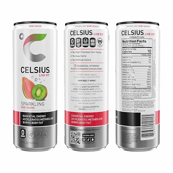 CELSIUS SPARKLING KIWI GUAVA, FUNCTIONAL ESSENTIAL ENERGY DRINK, 12 FL OZ