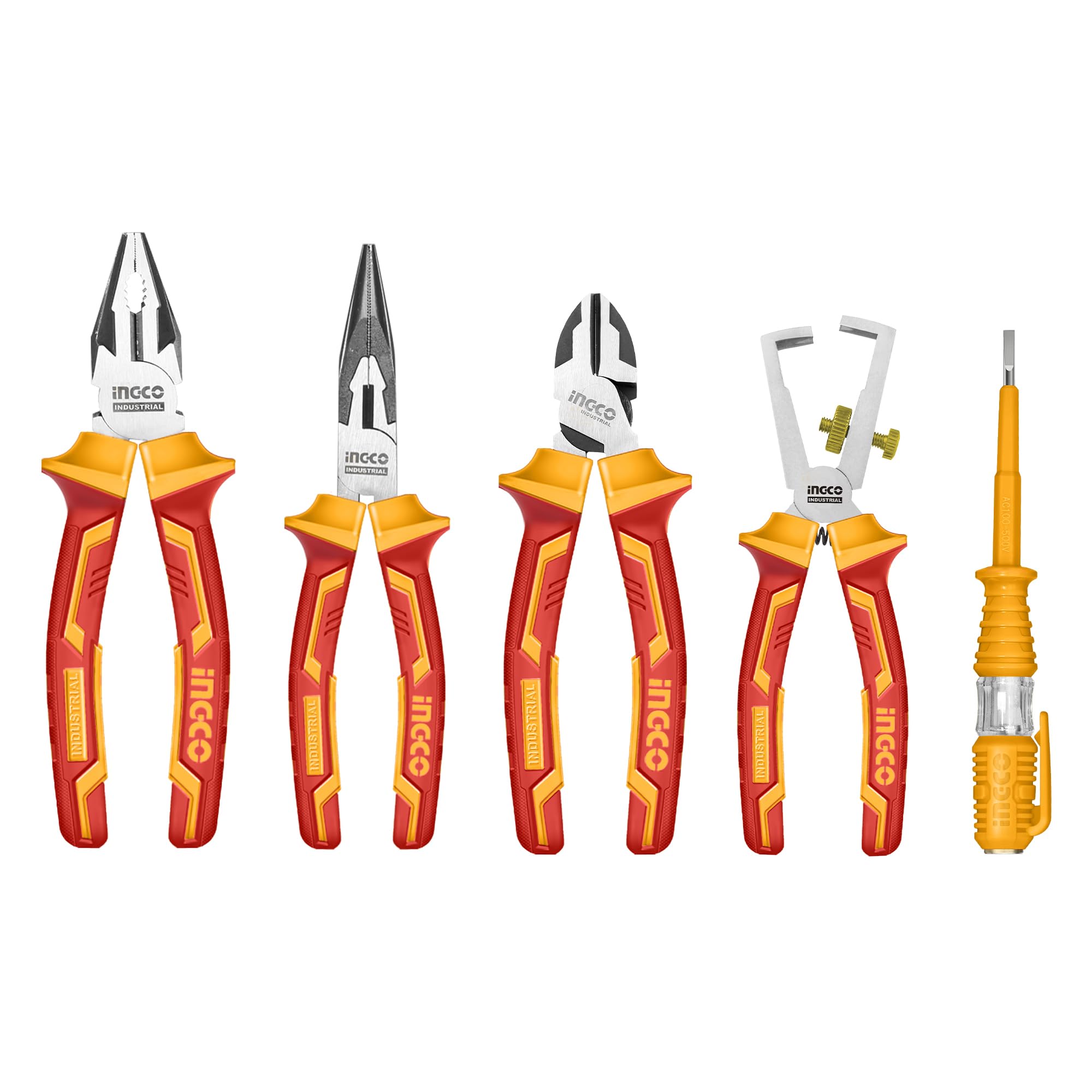 INGCO 5Pcs VDE Insulated Pliers Set, 1000V, 180mm Combination Plier, 160mm Diagonal Cutting Plier, 160mm Long Nose, Wire Stripping with Test Pencil