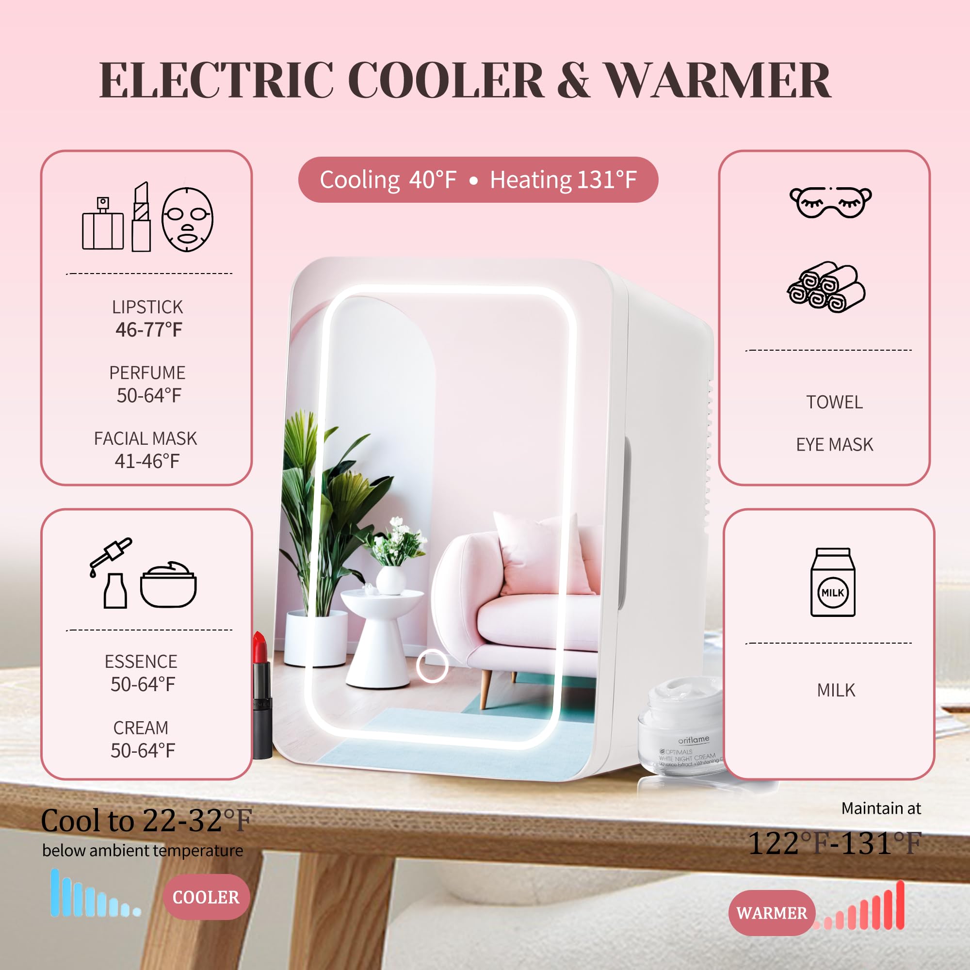 Mini Fridge for Bedroom 6L/8 Cans Skincare Fridge with LED Miroor Portable Cooler & Warmer 110V AC/12V DC Compact Small Refrigerator for Skin Care Cosmetic Beverages Drinks, Office Dorm and Car, White - Image 2