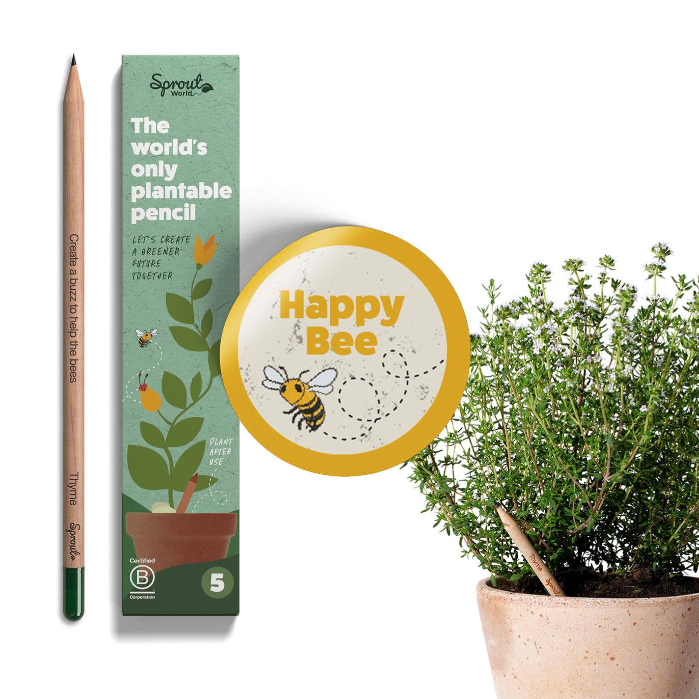 Sprout World Wood-Cased Pencils | Happy Bee Edition | #2 HB Pre-Sharpened Graphite Plantable Wooden Pencils with Bee-friendly Flower, Herb & Vegetable Seed | Gift Engraved with Quotes | 5 Pack