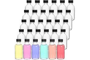 Bekith 30 Pack 2 oz Small Clear Glass Bottles, Boston Round Sample Bottles with Black Poly Cone Cap for Potion, Juice, Ginger
