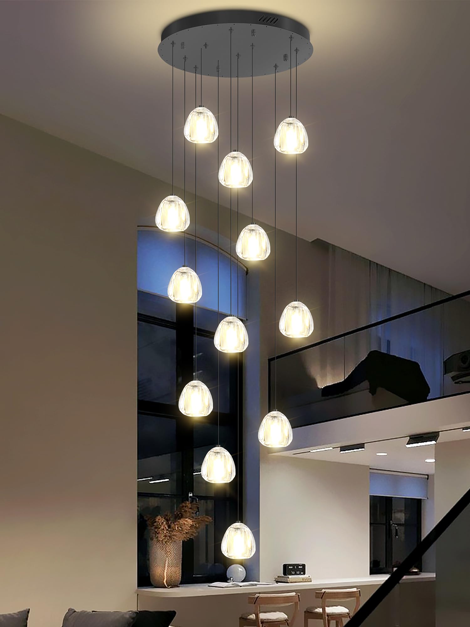 Photo 1 of ABTTOI H120 Modern Crystal Chandelier for Staircase 12-Lights Black Pendant Light Crystal High Ceiling Light Fixture for Living Room Foyer Entryway 2700K-4500K-6000K 