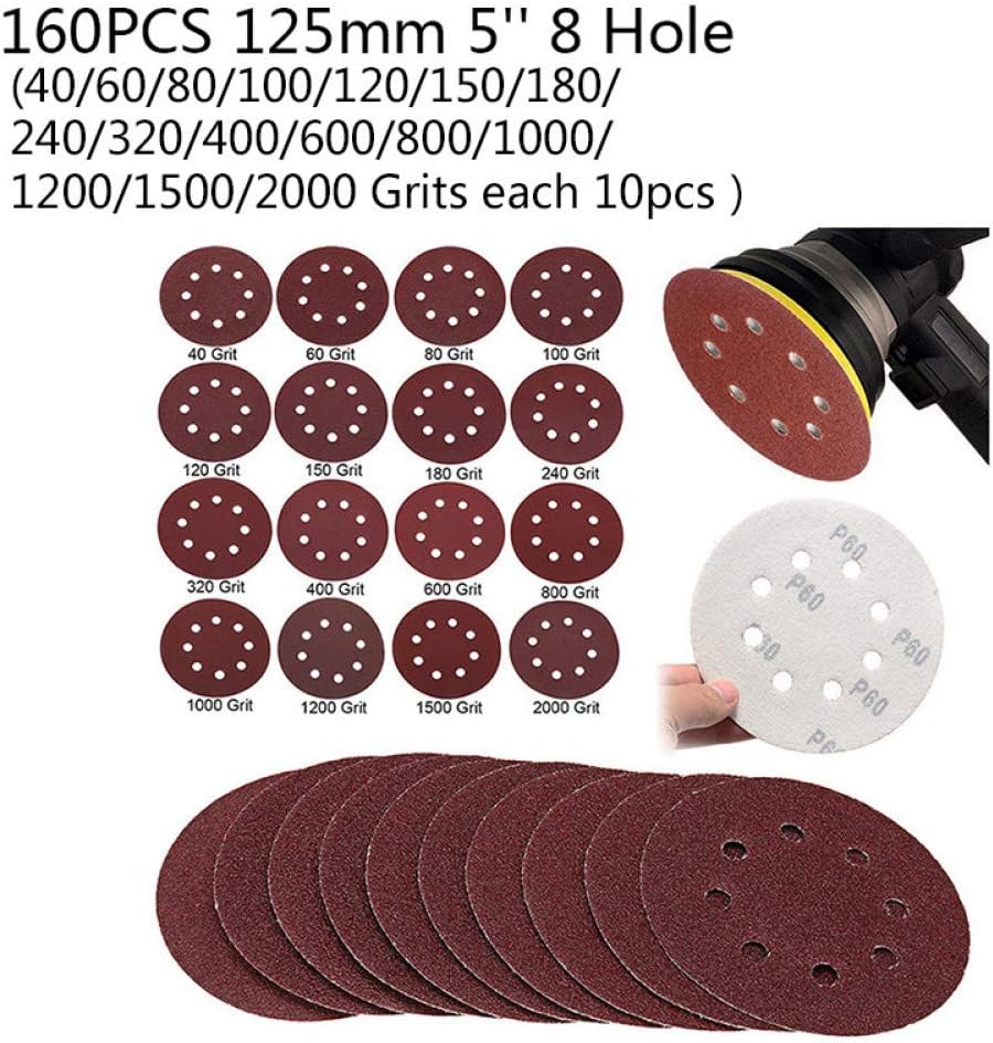 LOVEDSP sandpaper 160PC 125mm 5 Sanding Disc Pads 40-2000 Mix Grit Orbital Sander 8 Hole Sandpape
