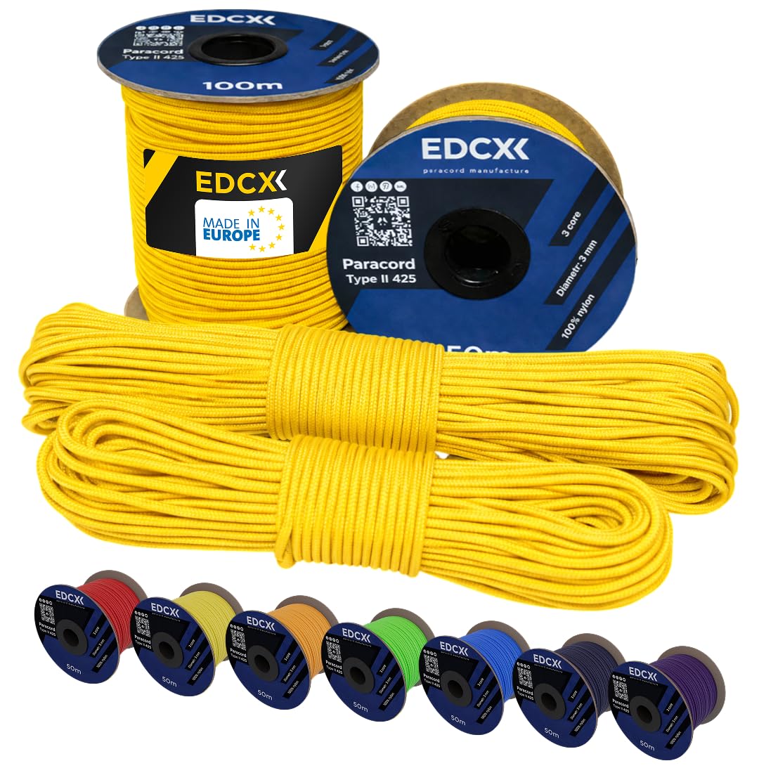 EdcX 3 mm Nylon Paracord 425 (15, 30, 50 and 100m) – 3 mm Type II, 100% Nylon Rope, 3 Strand Rope, 3 mm Nylon Rope in Many Colors (Yellow, 30 m)