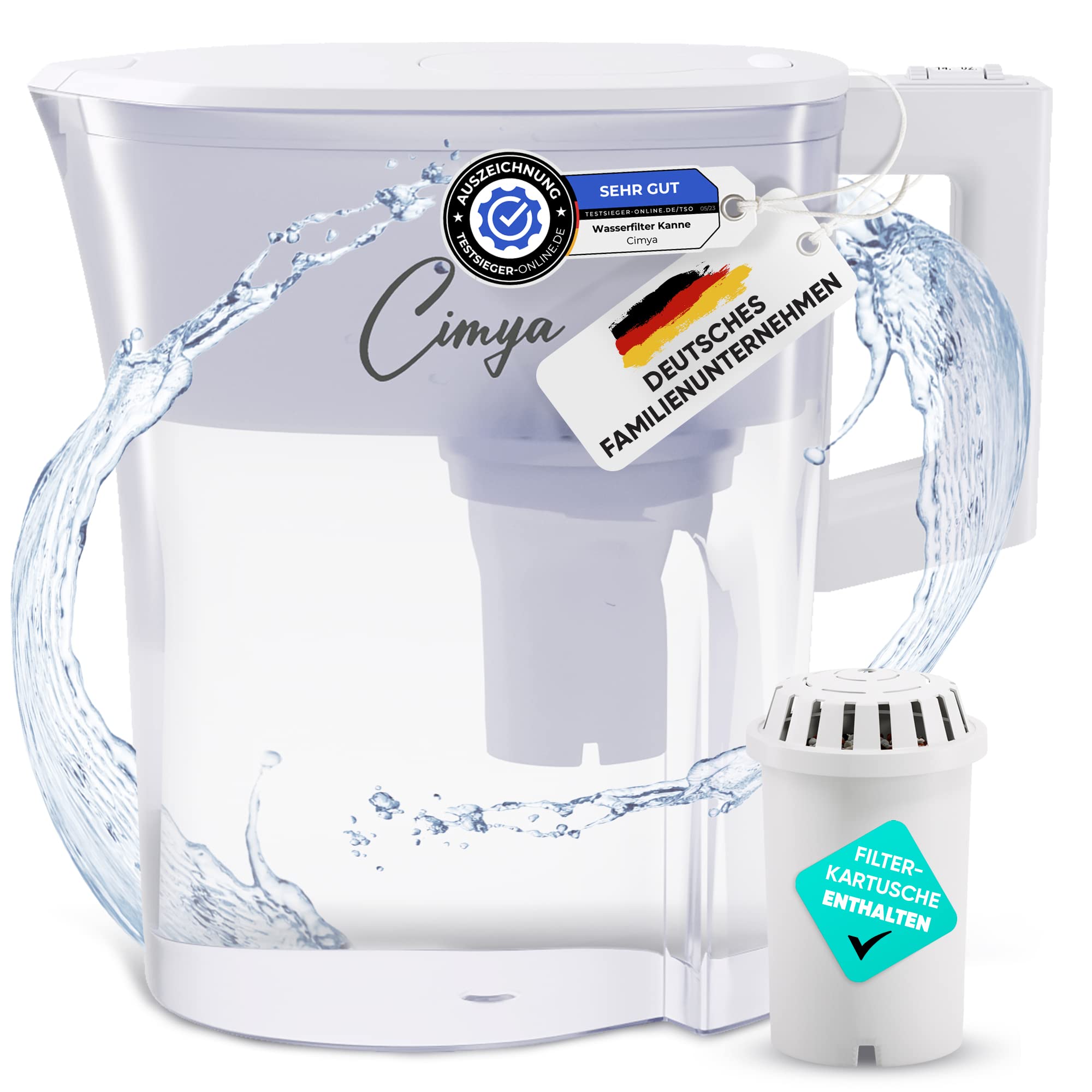 CIMYA Water Filter Drinking Water 2.4 L Filter + 1 x 2 Month Filter Cartridge [Active Carbon] Softens, Filters Limescale, Chlorine, Pesticides & Bacteria, Increases pH Value (White)