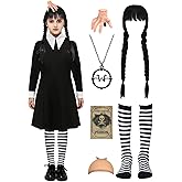 DIYLN 7pcs Girls Halloween Costume Kids Black Dress with Wig Necklace Socks Accessories
