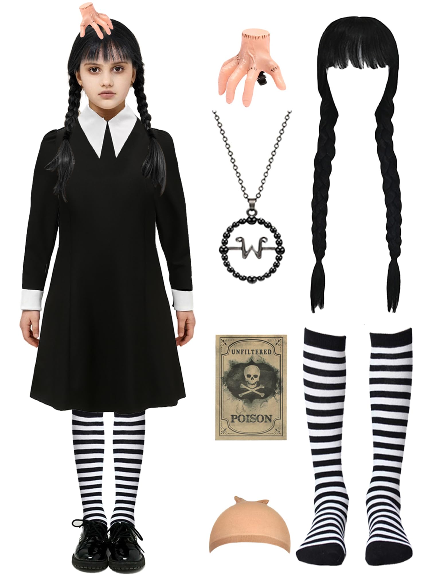 Photo 1 of DIYLN Girls Halloween Costume Kids Black Dress with Wig Necklace Socks Accessories DY041M