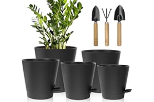 Idealife Plant Pots 7/6.5/6/5.5/5 Inch Self Watering Planters with Drainage Hole, Flower Pots for Modern Decorative Garden Pots with 178 Drainage Hole for Most House Plants(Black)