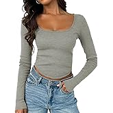 Tankaneo Womens Long Sleeve Shirts Ribbed Knit Fitted Crop Tops Going Out Square Neck Spring Fall Trendy Casual Basic Tees