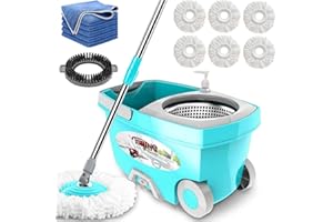 Tsmine Spin Mop Bucket System with Wringer Set,Stainless Steel 360 Spinning Mop Bucket Floor Cleaning System with 6 Microfibe