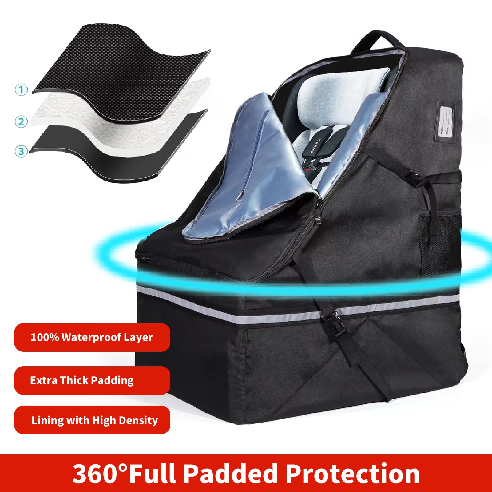 WEXIO Padded Car Seat Bags for Air Travel，Waterproof Infant Carseat Bag for Airport， fit for Evenflo Maxi Cosi Britax Graco Chicco Cybex Diono Nuna Peg Doona (BLACK)