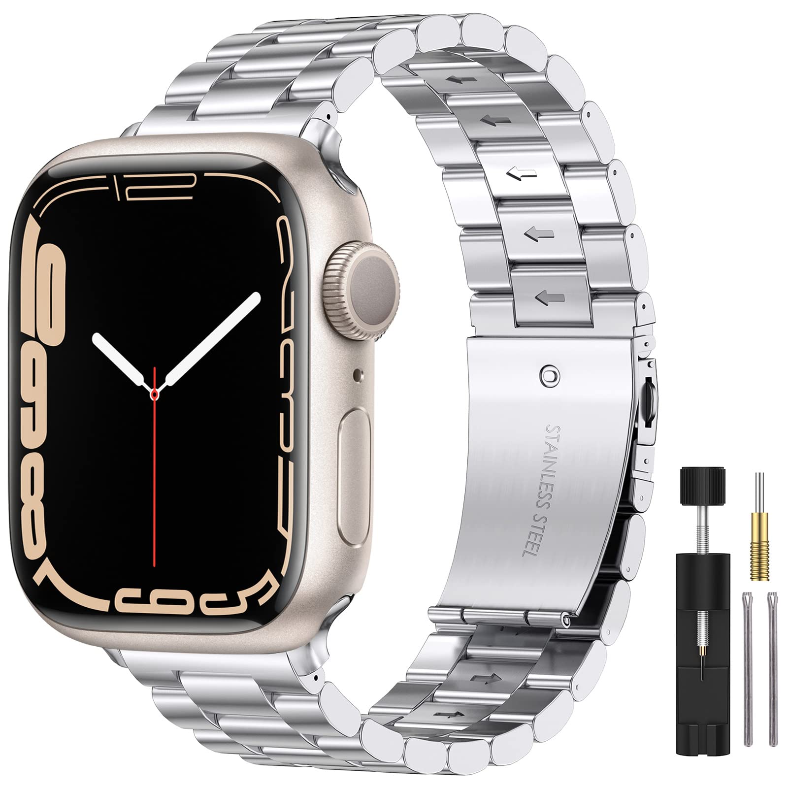 LIWIN 38mm 40mm 41mm Metal Strap Compatible with Apple Watch Series 9/8/7/6/5/4/3 SE, Business Stainless Steel Band Adjustable Replacement Strap (Silver)