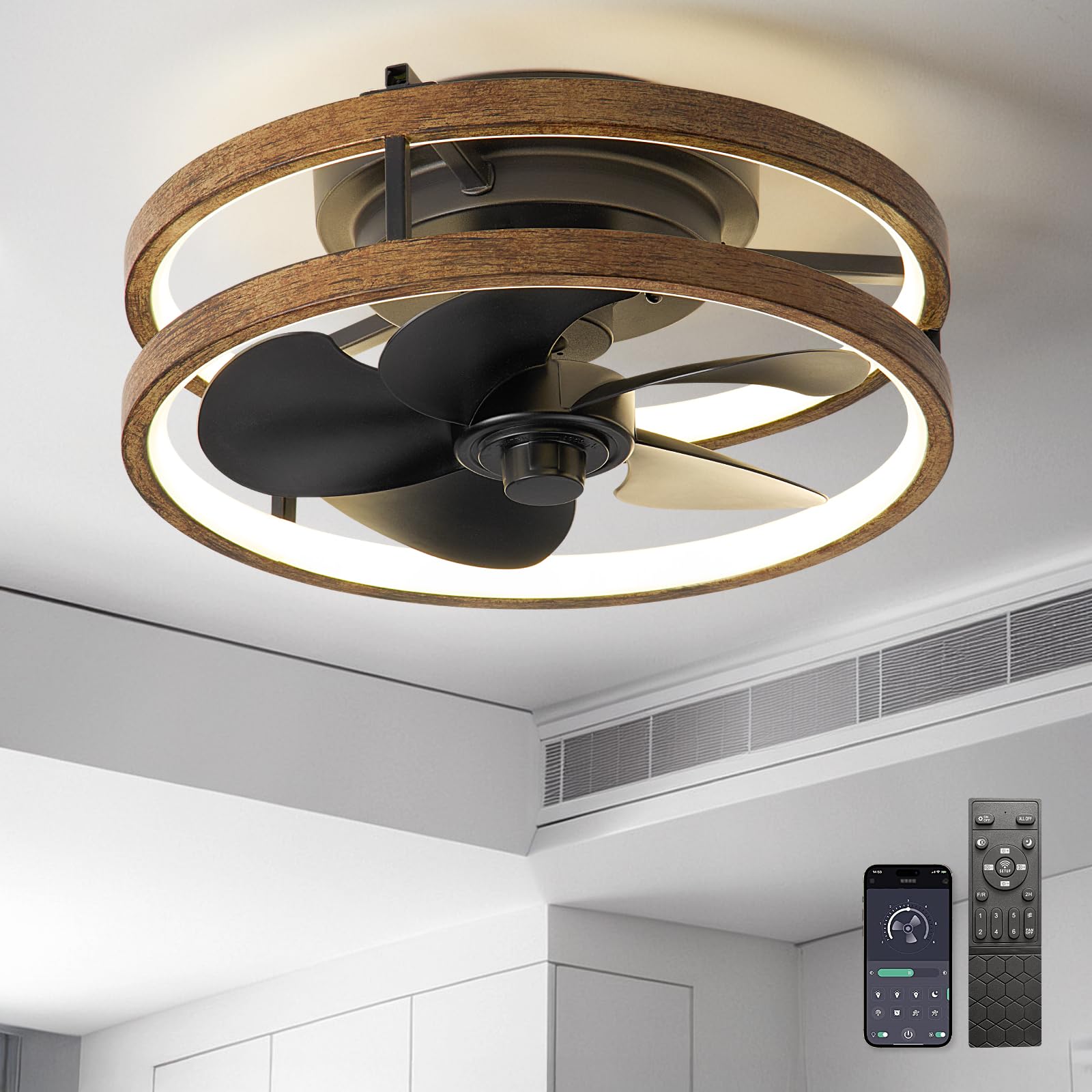 Photo 1 of Zoruny 13 Inchs Small Ceiling Fans with Lights with Remote Low Profile Flush Mount Fandalier Dimmable 36W 3000-6000K LED Fan with Light,Modern Ceiling Fans (Wooden+Black)