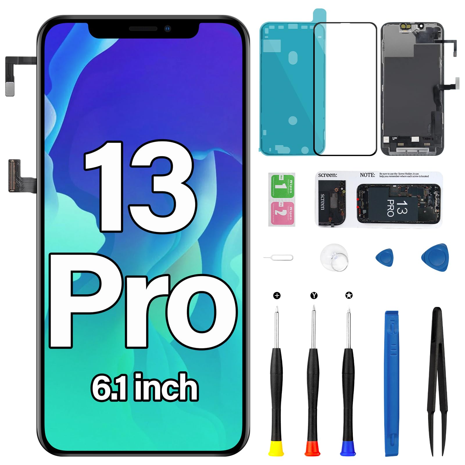 Photo 1 of for iPhone 13 Pro Screen Replacement Kit with Earpiece Flex Cable Proximity Sensor 3D Touch LCD Screen Display Digitizer A2483 A2636 A2638 A2639 A2640 6.1 inch