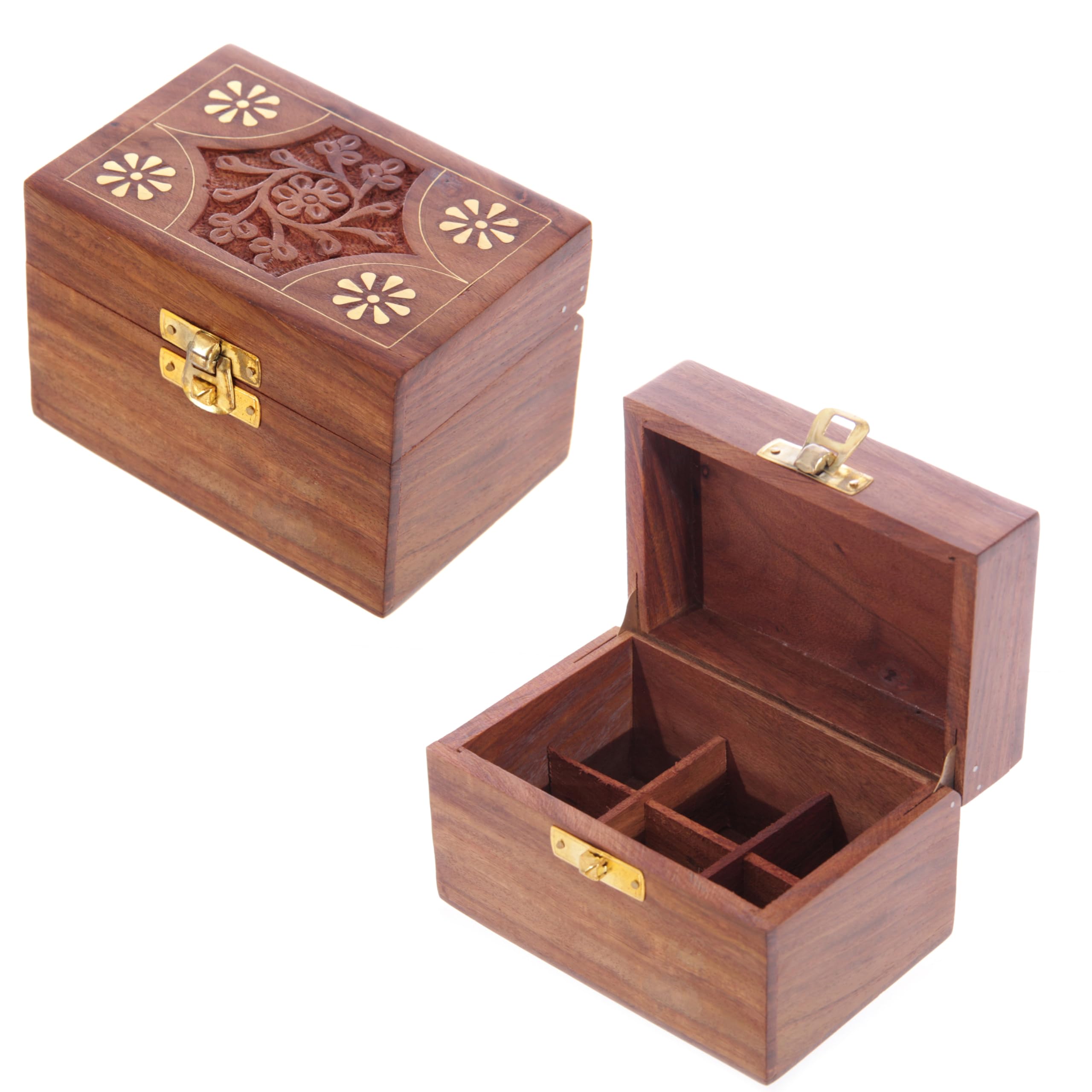 Puckator Sheesham Wood Essential Oil Box Design 2 (Holds 6 Bottles) - Pretty Wood Storage Box Boxes For Diffuser Pure Essential Oil Nail Polish Aromatherapy - Indian Home Decor