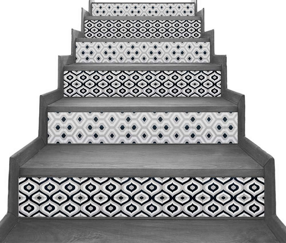 Peel and Stick Stair Riser Decals - Encaustic Cemented Tile Look - Decorative Vinyl Strips - Pack of 5 Strips (Step Height 7" inch)
