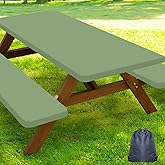 Smiry Picnic Table Cover with Bench Covers, Waterproof Elastic Fitted Polyester Tablecloths for 6 Ft Rectangle Tables, Washable Windproof Tablecloth for Outdoor, Camping (Sage Green, 30x72 Inches)