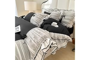 IHOUSTRIY Kid's Duvet Cover Twin Size, Ruffle Beddding Set with Bowtie, 2 Pieces Comforter Cover Set with Zipper Closure, Girl Bedding with Pillowcase - Black, Twin