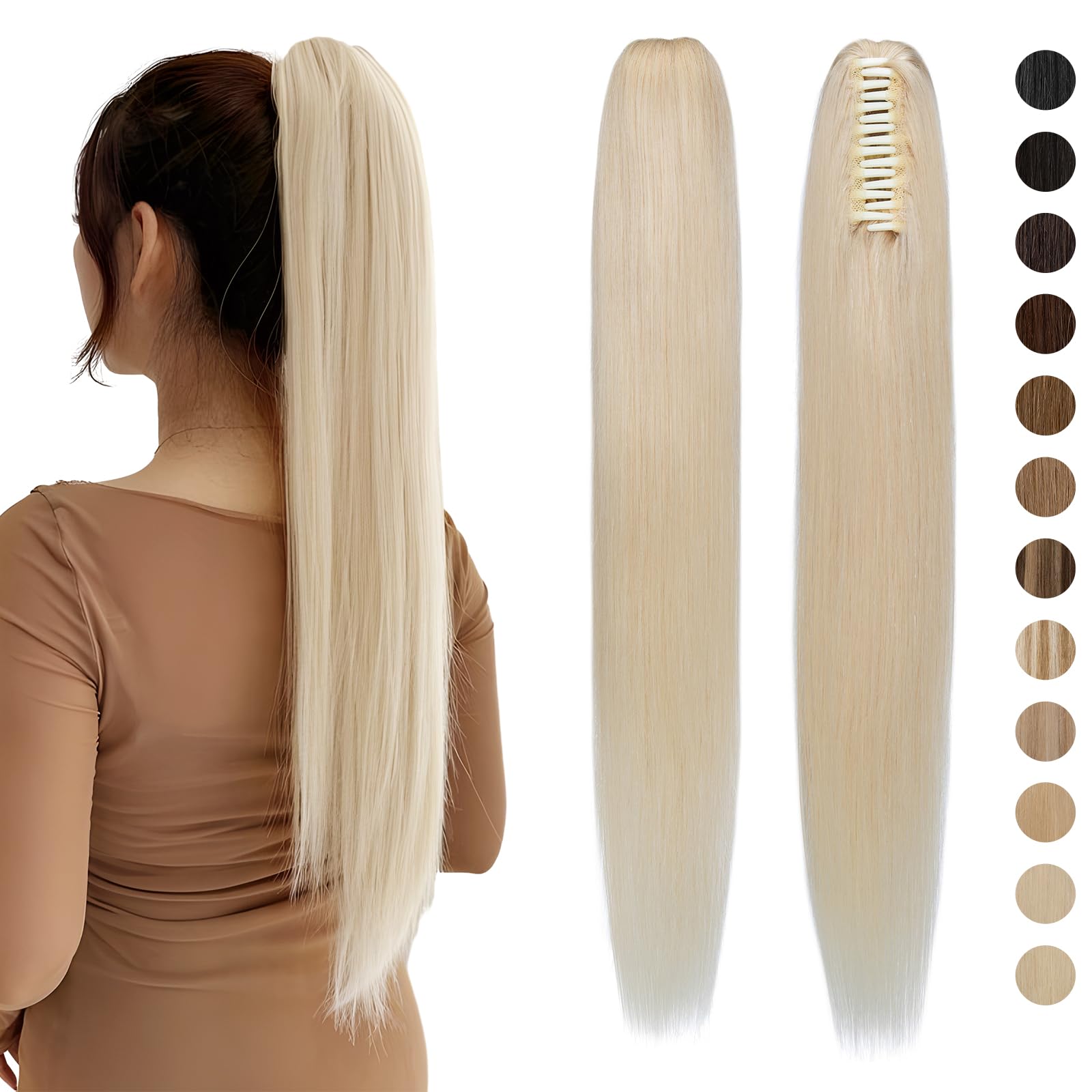 Silk-co Ponytail Extensions Human Hair Claw on Ponytails 100% Real Remy #60 Platinum Blonde Straight Pony Tail 22inch