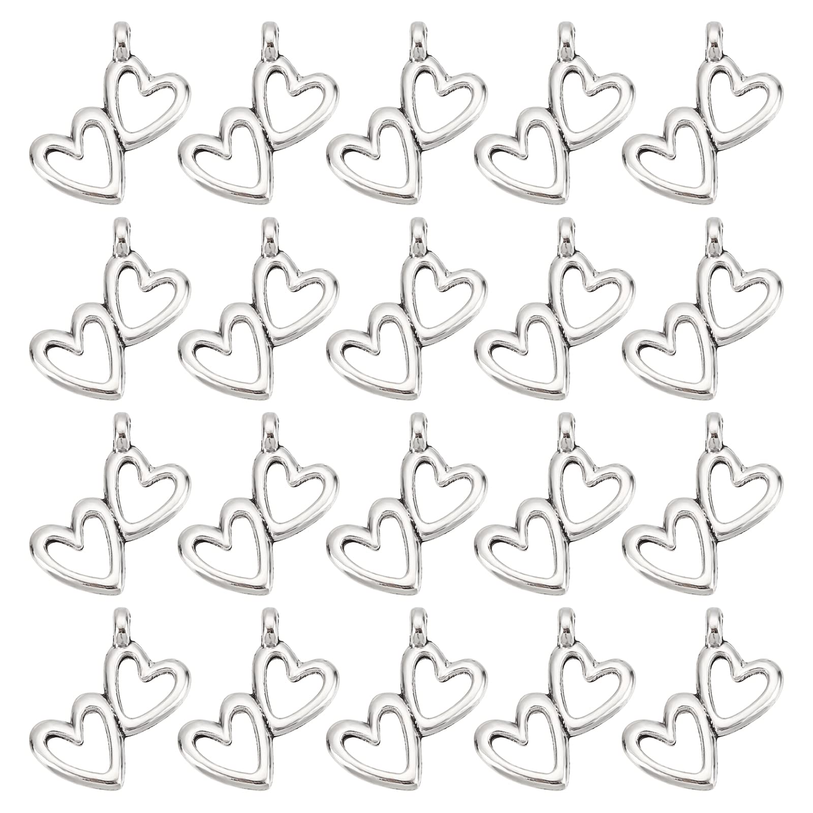 PH PandaHall 100pcs Double Hearts Charms Heart-to-Heart Pendants Bracelet Love Hearts Charm for Mother's Day Necklace Earrings Jewellery Making Wedding Anniversary, Antique Silver