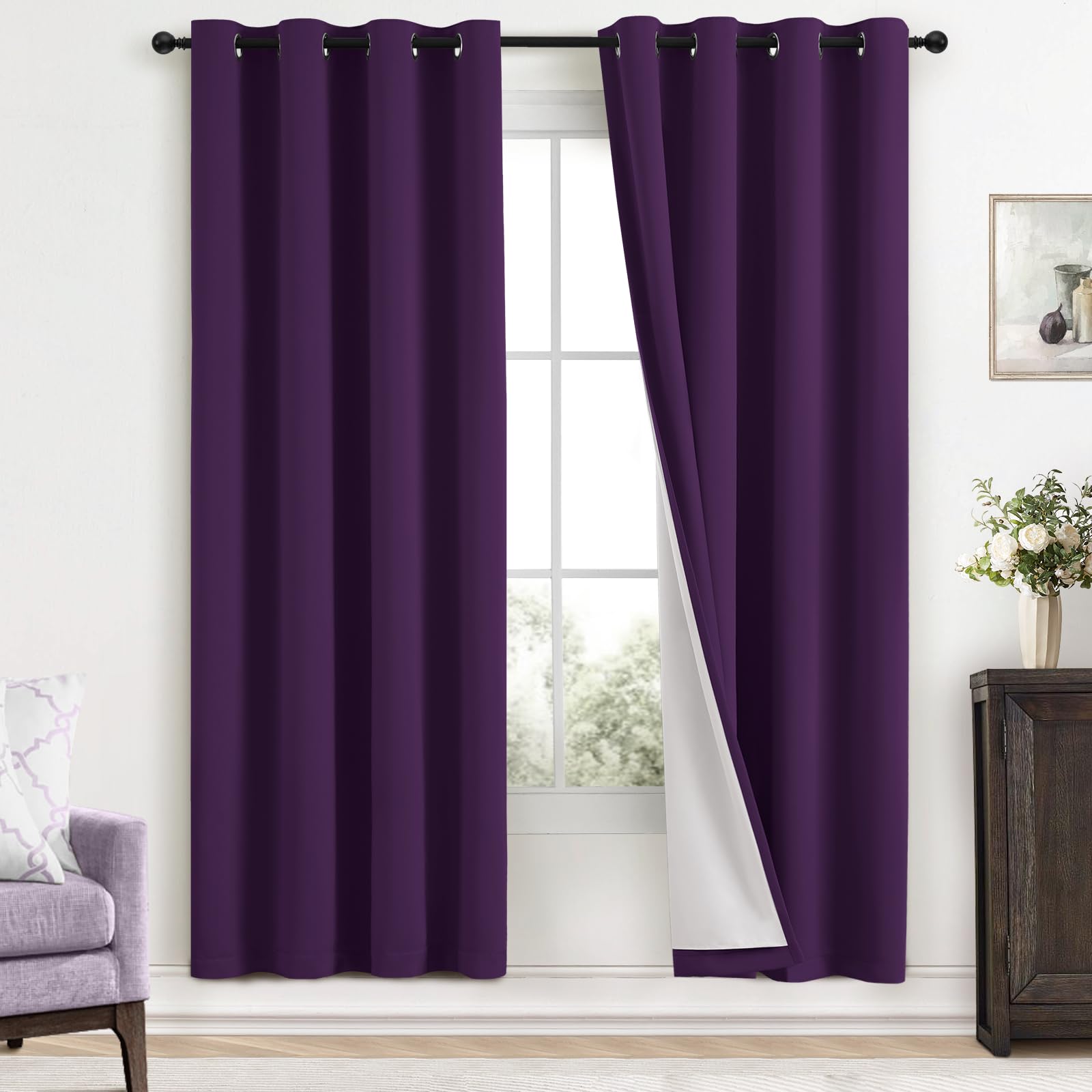 Yakamok Room Darkening 100% Blackout Curtains Grommet Window Treatments with 2 Thick Layers-Purple Thermal Insulated Drapes Set of 2 Panels for Bedroom Living Room 52 Inches by 72 Inches Length Image