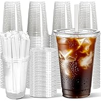 Joyeux 20 oz Clear Plastic Cups with Lids and Straws 100 Sets Disposable to Go Coffee Cups for Iced Coffee, Smoothie, Lemonad