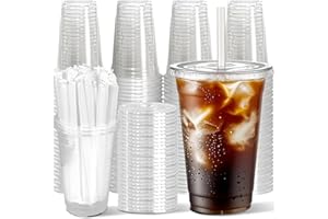 Joyeux 20 oz Clear Plastic Cups with Lids and Straws 100 Sets Disposable to Go Coffee Cups for Iced Coffee, Smoothie, Lemonad