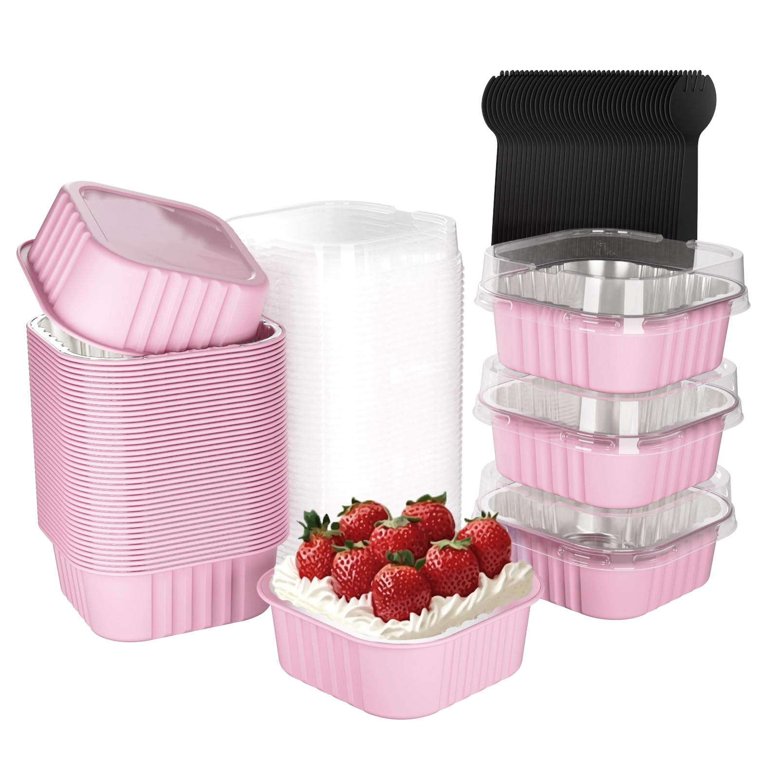 Photo 1 of 40 Pack Square Mini Cake Pans with Lids,Mini Loaf Pans with Lids,Disposable Ramekins Cupcake Cups,Aluminum Foil Baking Cups,Muffin Tins,Dessert Cups for Wedding Birthday Party Picnics,10oz (Pink)