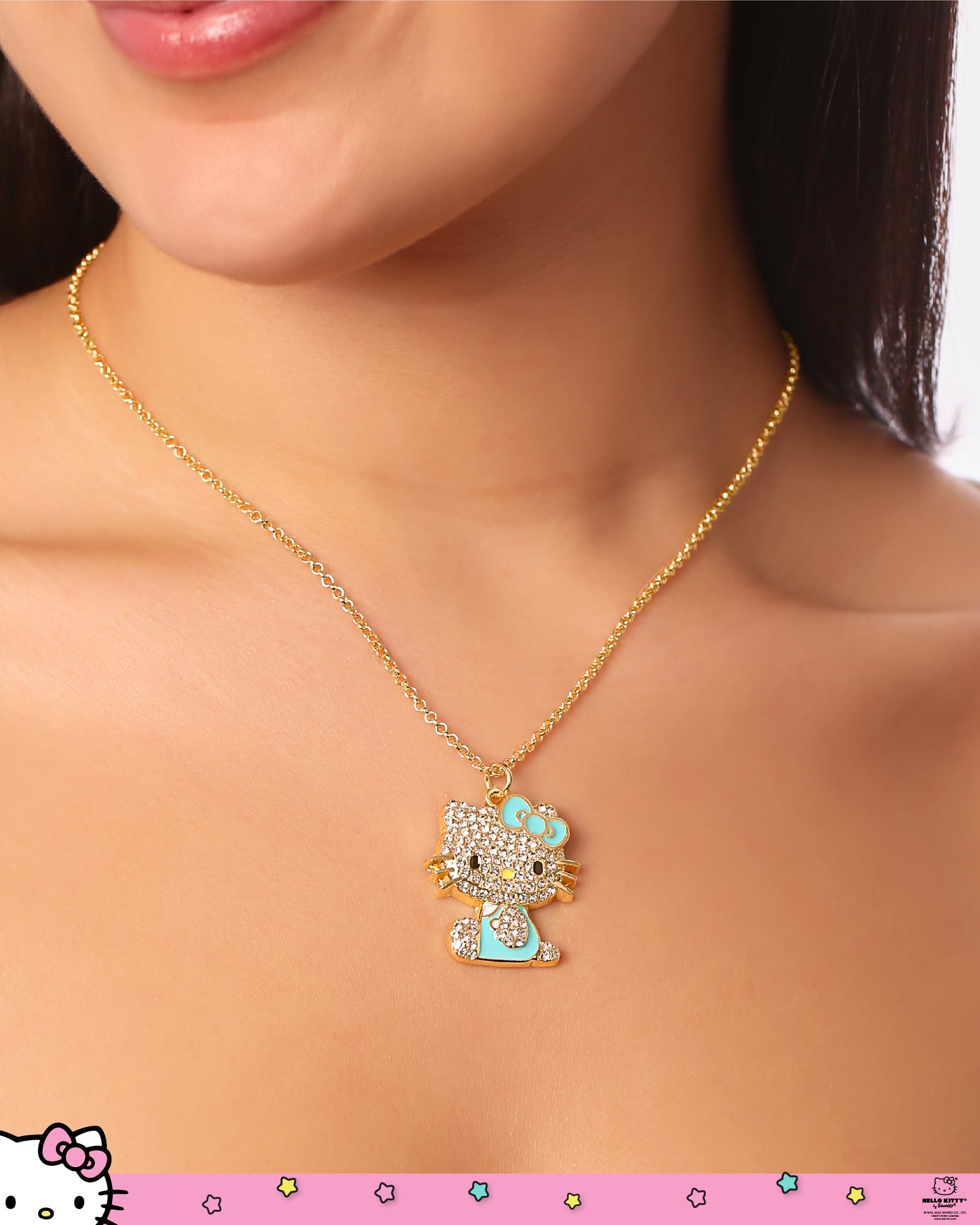 SALLY ROSE Hello Kitty Aqua Green Enamel and Pave Crystal Necklace Official License, Gold Plated 16+3 Hello Kitty Necklace, Sanrio Gifts