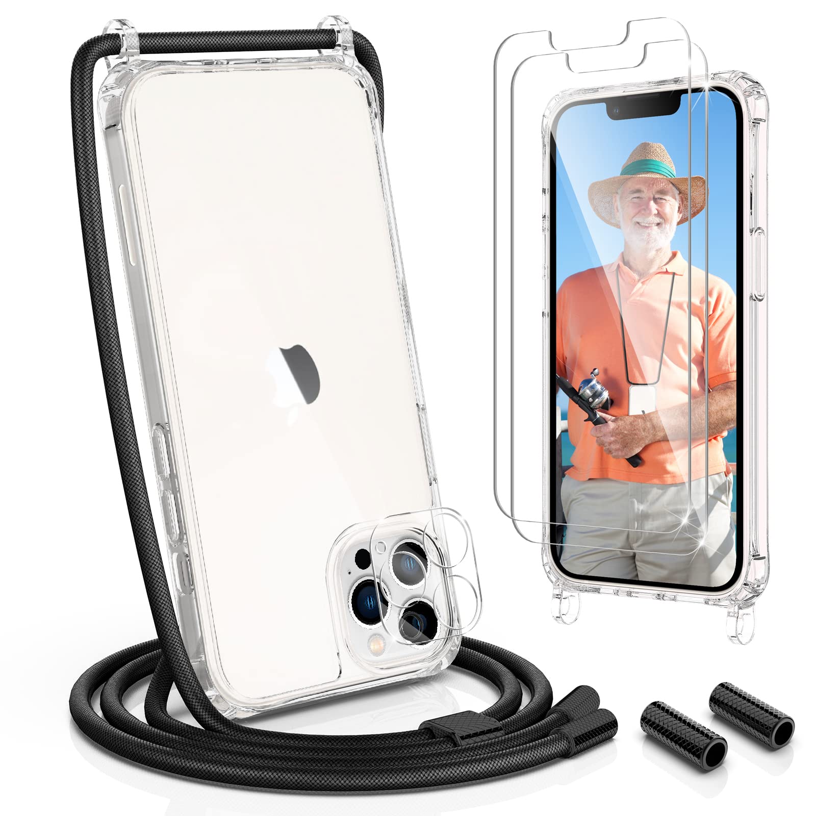 UYMO Crossbody Cell Phone Case for iPhone 13 Pro Max 6.7", with 2 Pack Tempered Glass Screen Protector + Camera Lens Protector,Adjustable Necklace Lanyard Cover Holder with Cord Strap - Black