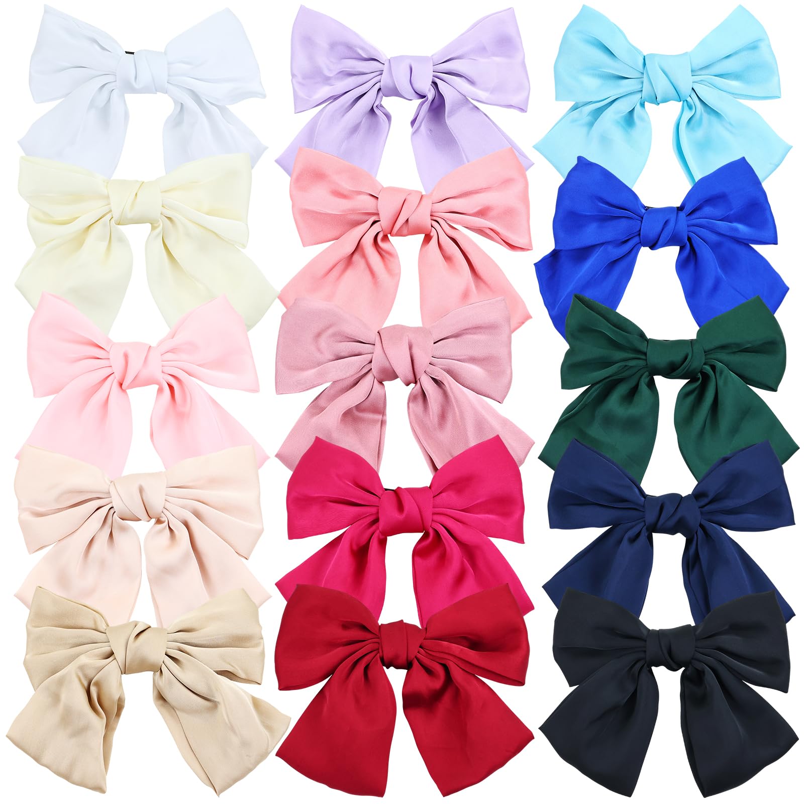 15 Colors Pack 8 Inch Large Big Oversized Knot Bowknot Satin Hair Bows French Barrette Hair Clips Bun Ponytail Holder White Red Blue Green Black Hair Bow Ribbon Hair Accessories for Women Girls Adults