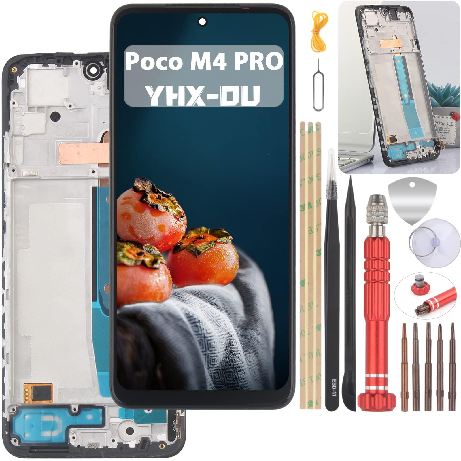 YHX-OU 6.43 Inch Black + Frame Display for Xiaomi Poco M4 Pro LCD Display Touchscreen Screen Replacement with Tools + 1 Protective Film