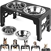 Jovrun Elevated Dog Bowls, Dog Feeder with 1*Stainless Steel Dishes & 1*Slow Feeder Bowl, 5 Heights Adjustable Raised Stand for Medium Large, Food Dishes with Non-Slip Feet