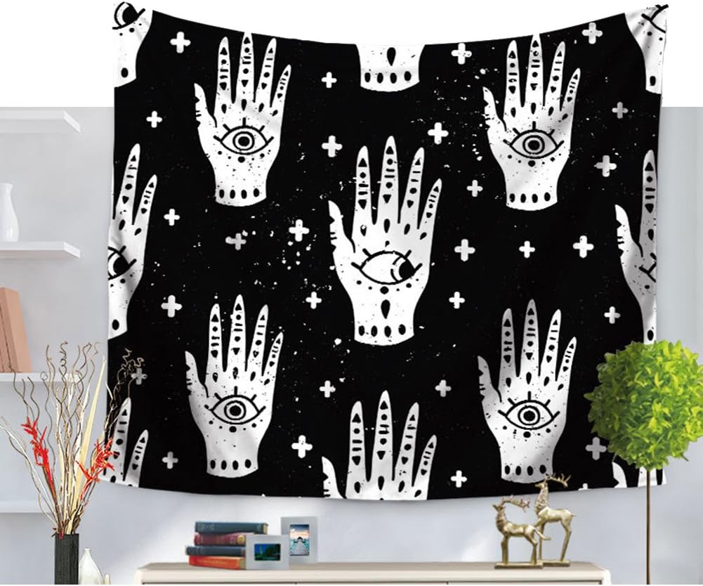 Black And White Hamsa Hand Print Wall Tapestry Good Luck Indian Mandala Tapestry Fatima Hand With An Eye Wall Decor Art Beach Throw Bohemian Wall Curtain Table Cloth Bedspread