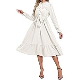 RuoRayVan Women's 2026 Spring Dresses Long Puff Sleeve Crew Neck A Line Elastic Wasit Embroidery Formal Casual Midi Dress